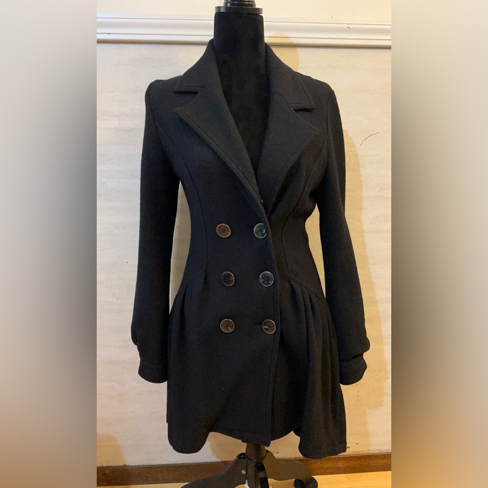 Free People Black Double-Breasted Wool Peacoat